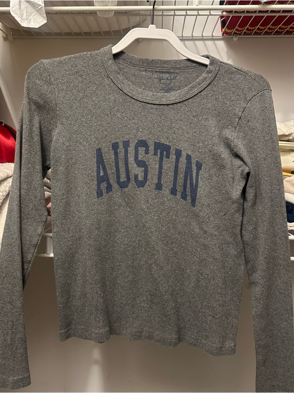 Brandy Melville John GaltGray Long Sleeve 'Austin' Tee with Blue Lettering